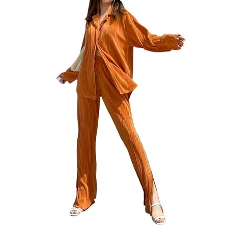 

Coduop Women 2 Piece Lounge Wear Button-Down Long Sleeve Shirt Tops High Waist Long Pants Pajamas