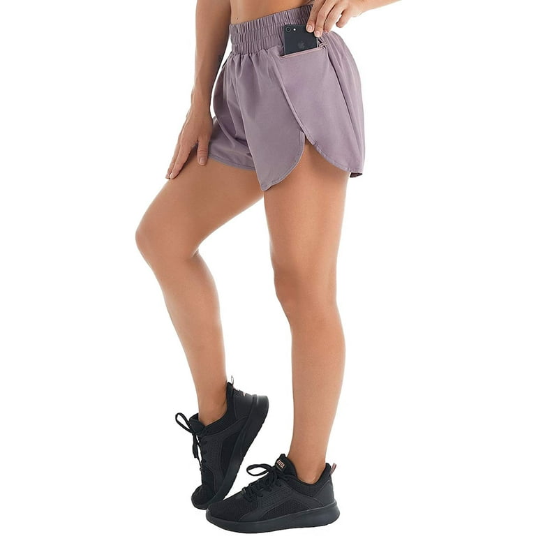 Womens Quick-Dry Running Shorts Sport Layer Elastic Waist Active Workout  Shorts with Pockets 