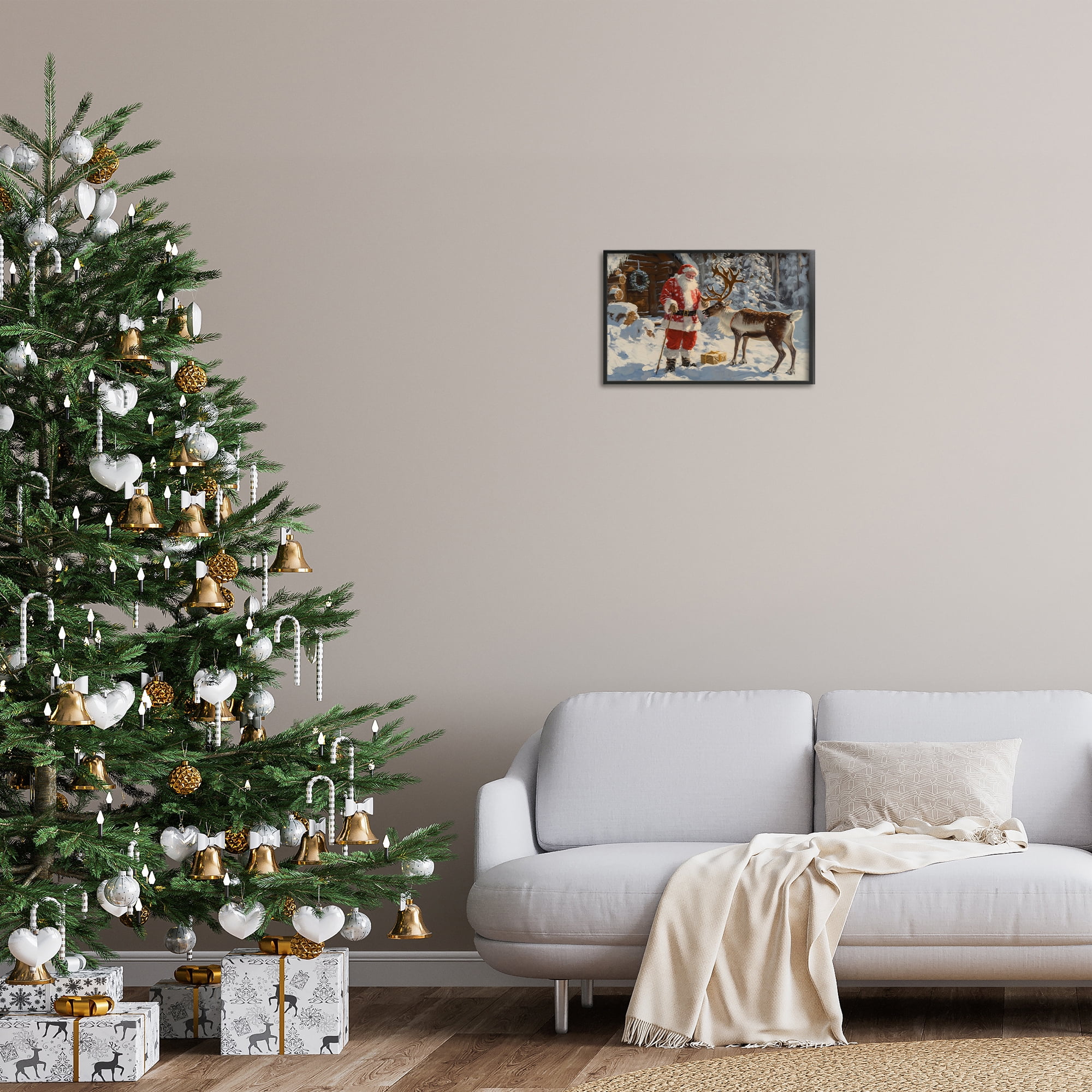 Stupell Industries Santa with Reindeer Scene Holiday Painting Black Framed Art Prints Wall Art, 18 x 12