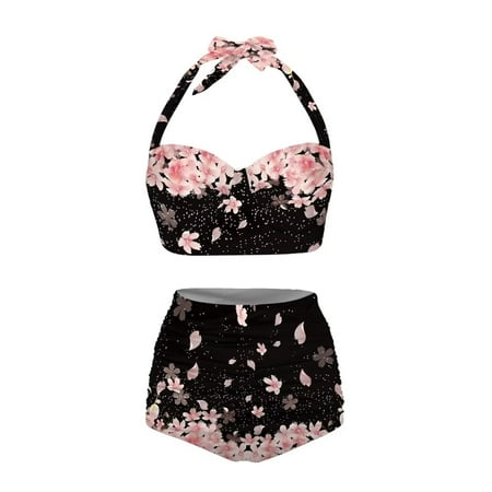 HUIACONG Women Two Piece Cherry Blossom Swimsuit High Waisted Bathing Suits Floral Print High Waisted Bikini Swimwear Set-XS-1