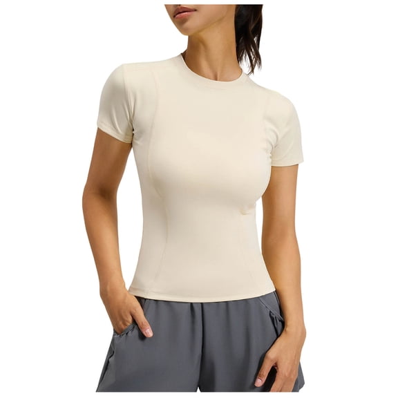 Vivianyo HD Women's Slim Fit Crew Neck Short Sleeve Workout Top, Quick Dry Athletic Yoga Compression Tee, Women's Beige, Sizes S-3XL