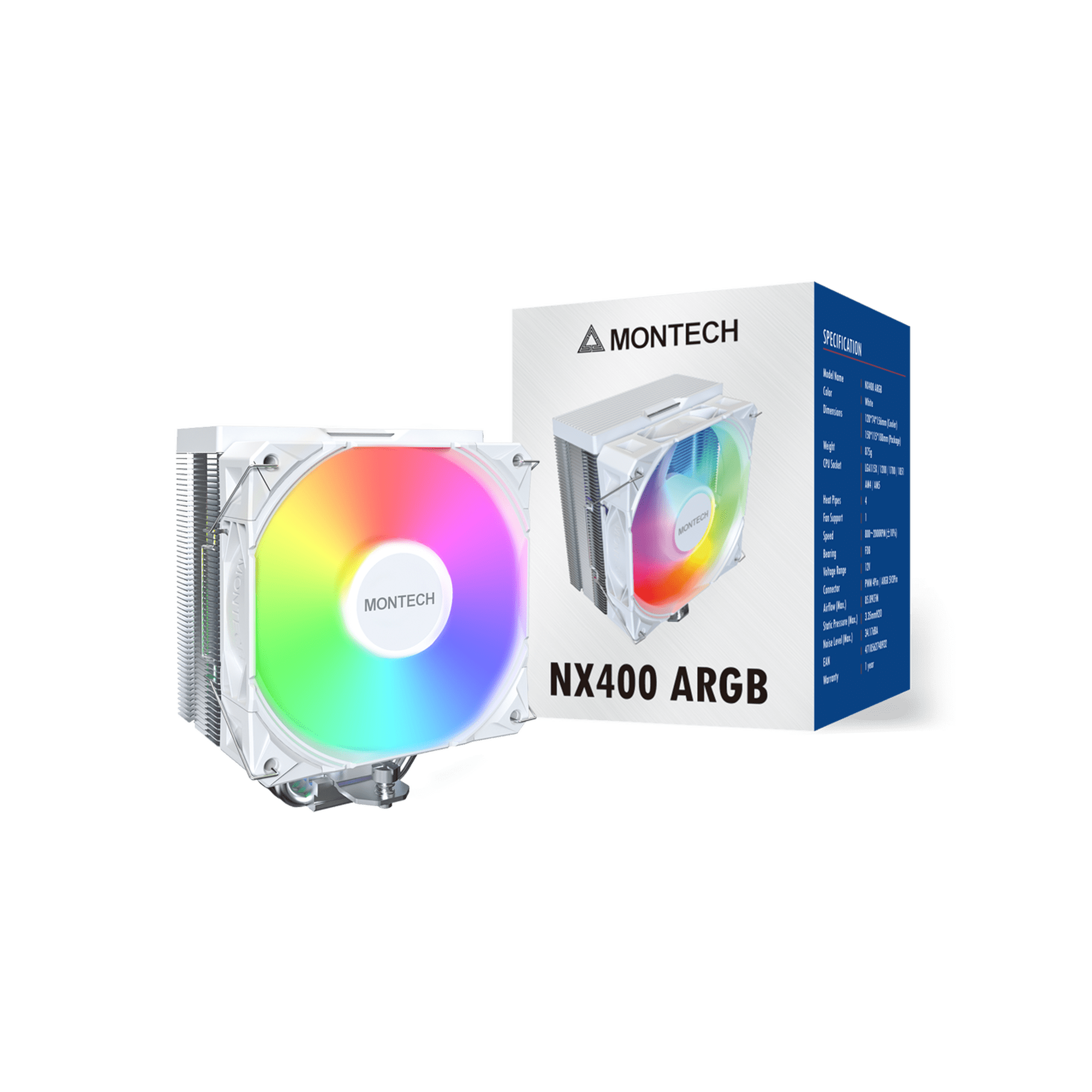 MONTECH NX400 ARGB - CPU Air Cooler, Single Tower, 4 Advanced Heat Pipes, 52-fin Heat Sink, E28, 120mm FDB Static Pressure Fan, 28mm Fan Thickness, Polished Top Cover, ARGB Lightning - White