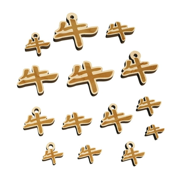 Chinese Character Symbol Ox Wood Mini Charms Shapes DIY Craft Jewelry - With Hole - 18mm (17pcs)