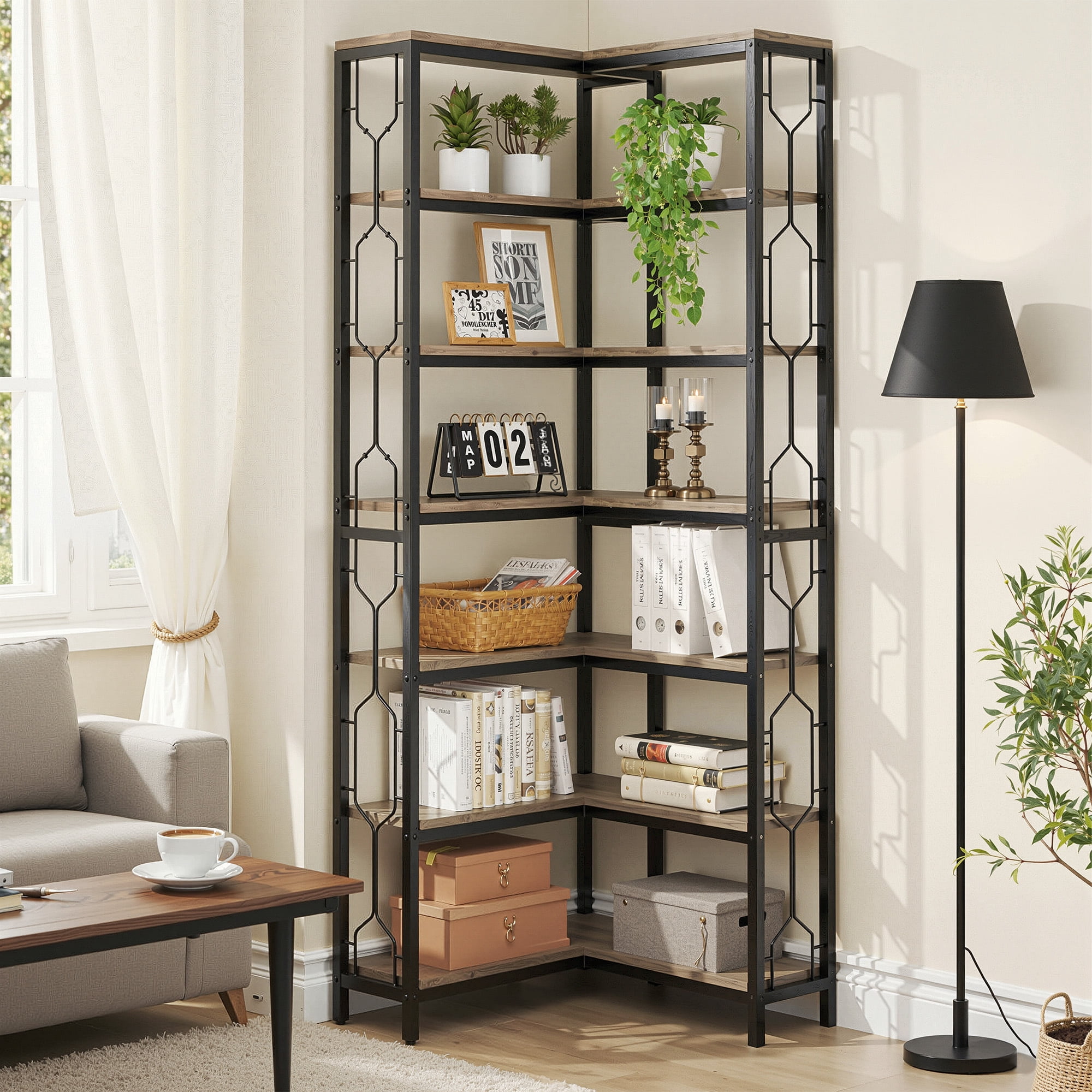 MAYEERTY Industrial 7-Tier Corner Bookcase, Hexagonal Storage Shelf with Side Railings, Particle Board & Metal Frame for Living Room