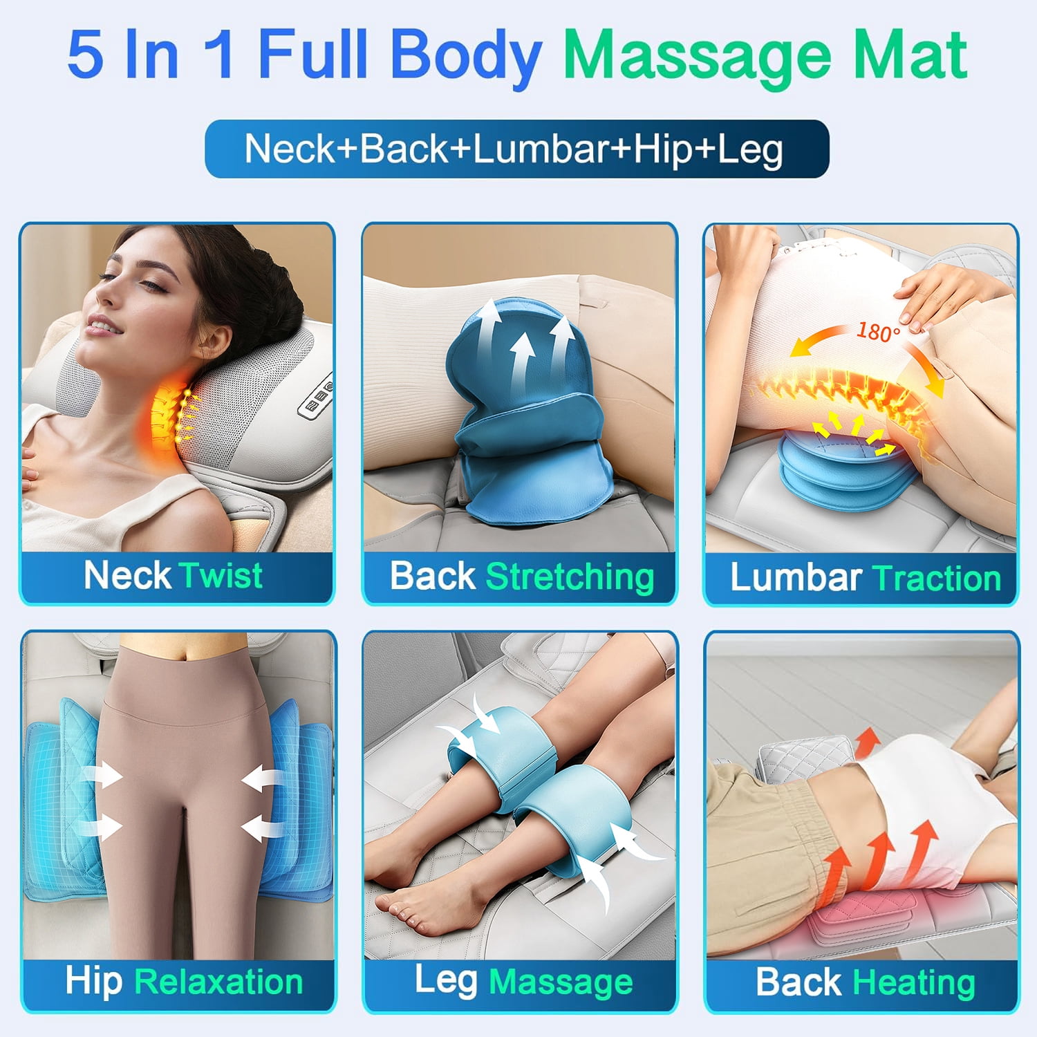 Foldable Full Body Massage Mat with Heat & Timer & Remote & Airbag, 4 Zone Shiatsu Vibration Massage Pad with Removable Neck Pillow for Home & Office