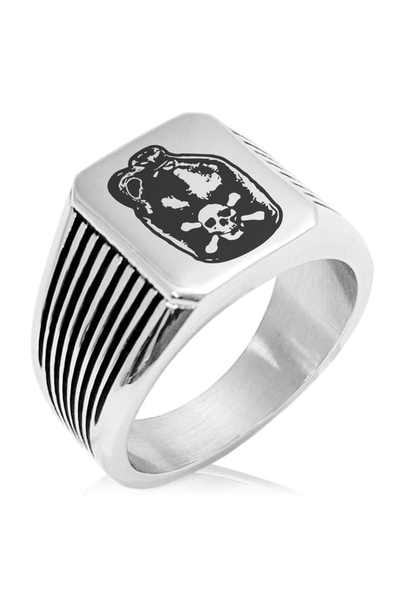 Stainless Steel Pirate Skull Crossbones Rum Needle Stripe Pattern Biker Style Polished Ring