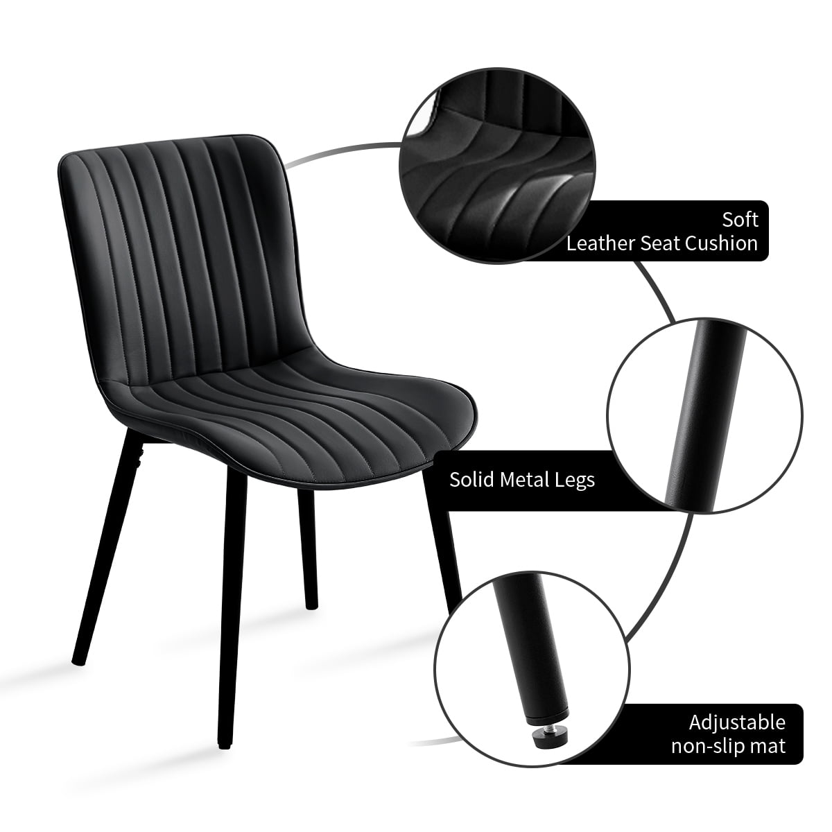 L'AGRATY Modern Dining Chairs Set of 2, High Back PU Leather Upholstered Kitchen Chairs with Cushion - Heavy Duty Metal Legs for Dining Room, Restaurant, Cafe (Black)