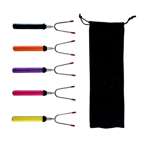 Outset Smores Sticks, Set of 5 Expandable 32" Roasting Skewers, Dual Stainless Steel Prongs and Storage Bag Included