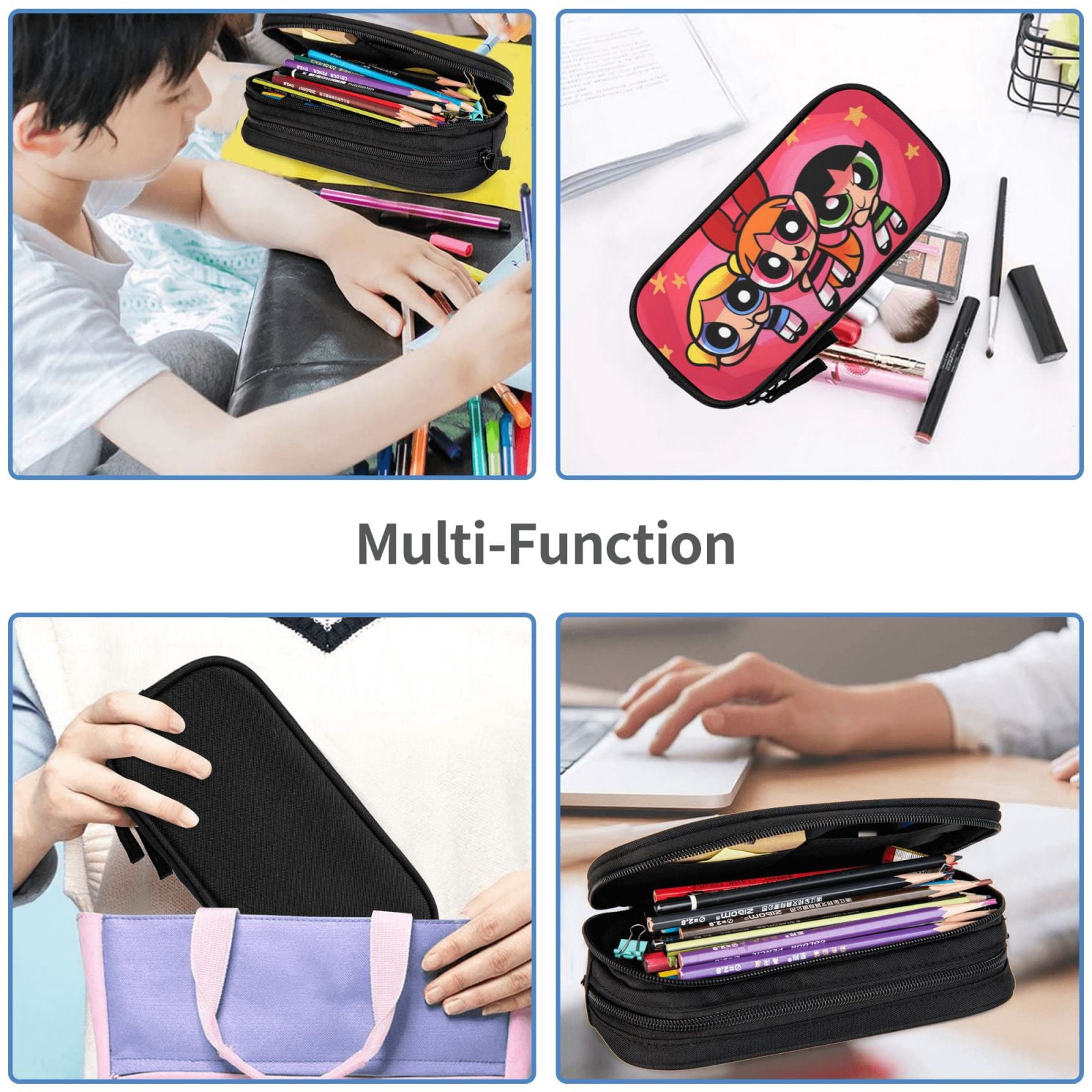 The Powerpuff Gi-rls Pencil Case Large Capacity Pencil Pouch Penbag Office Stationery Organizer Travel Makeup Bag Black