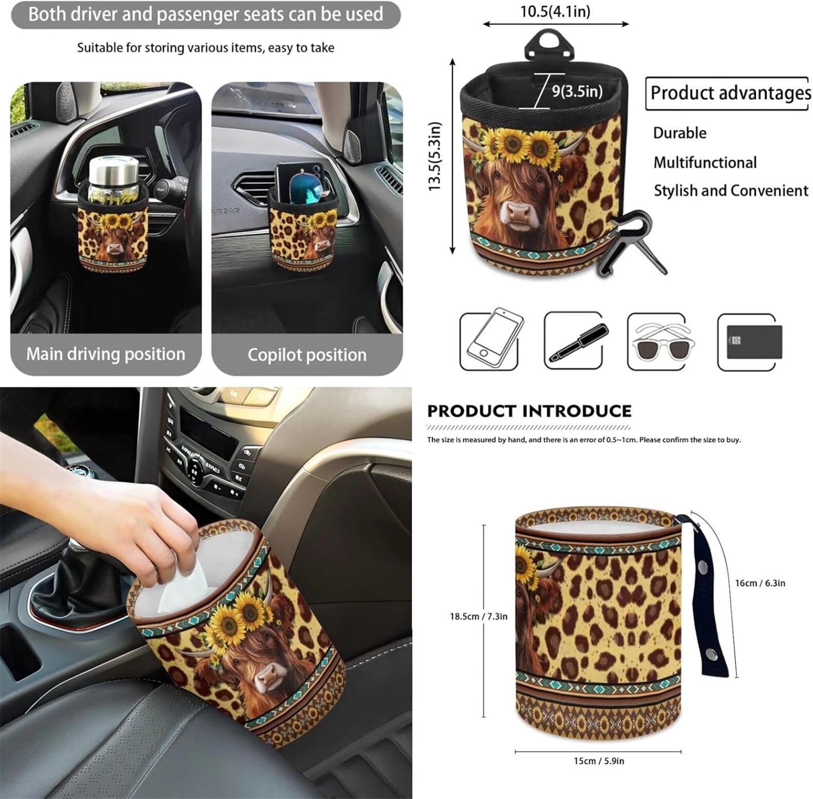 Yuyamidu Highland Cow Front Car Seat Covers Full Set of 12 Aztec Steering Wheel Cover Seat Belt Armrest Cover Trash Can Air Vent Holder Rear View Mirror Cover Coasters Keychain Auto Interior Decor