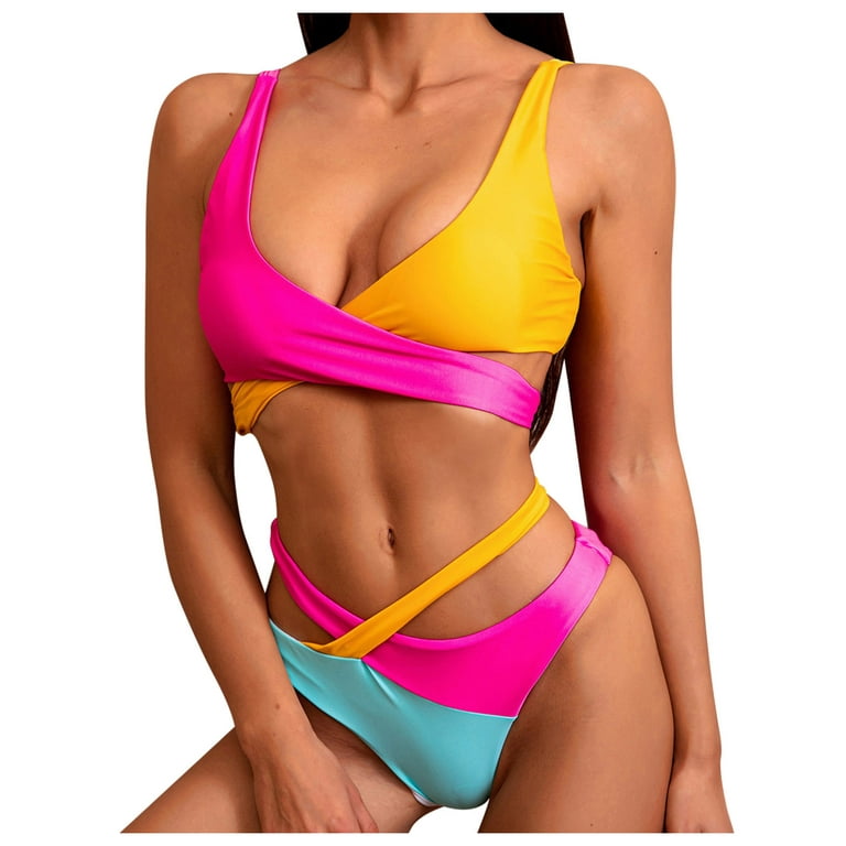 Tummy Control Swimming Suits For Women Halter Neck Simple Cross Color  Matching Bikini Split Swimsuit