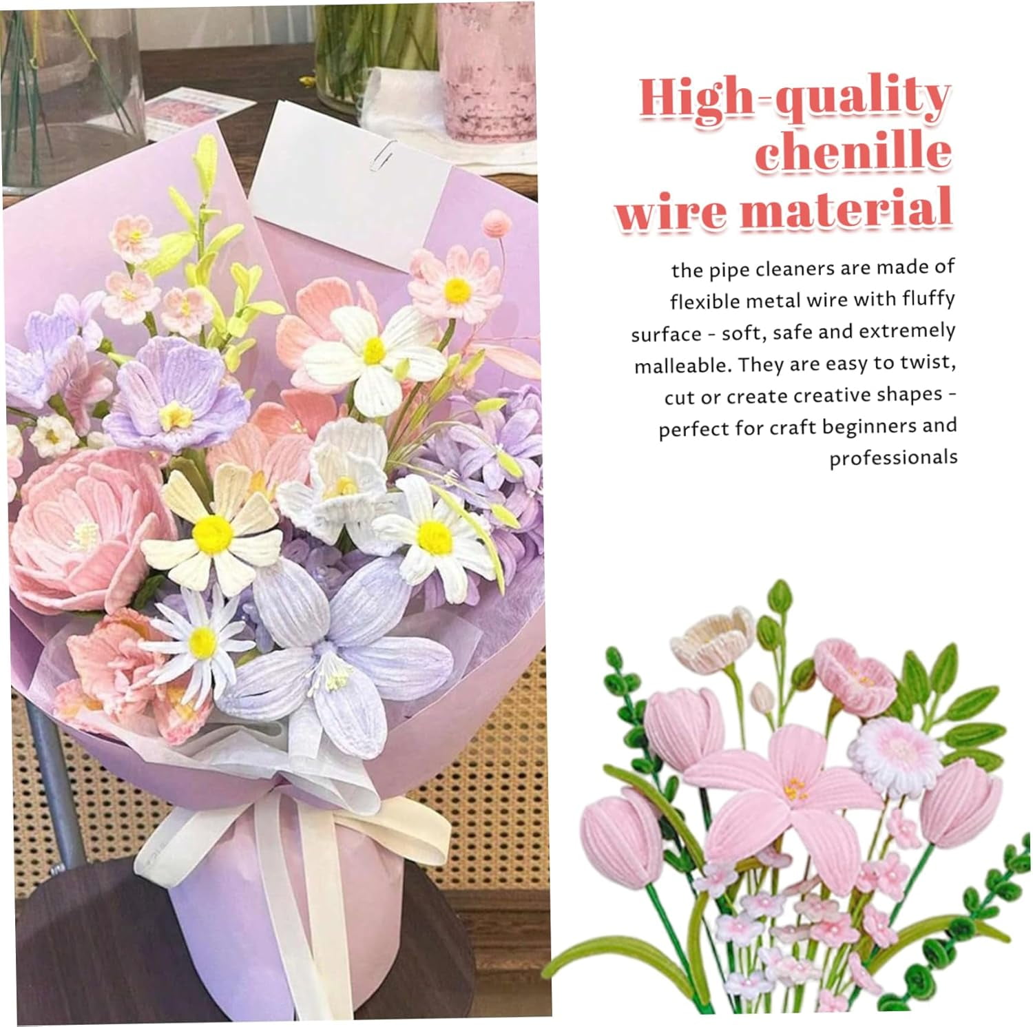 Pipe Cleaner Flower Kit Flexible Pipe Cleaners and Flower Stems with Green Craft Thread and Ribbon for DIY Floral Arrangements Kids Art Craft Projects School Classroom Creative Supplies