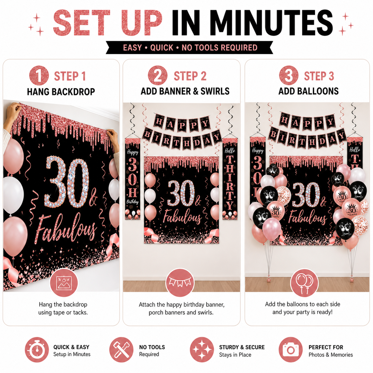 Happy Greetings 30th Birthday Party Kit, Rose Gold & Black, 45-Piece photo 7