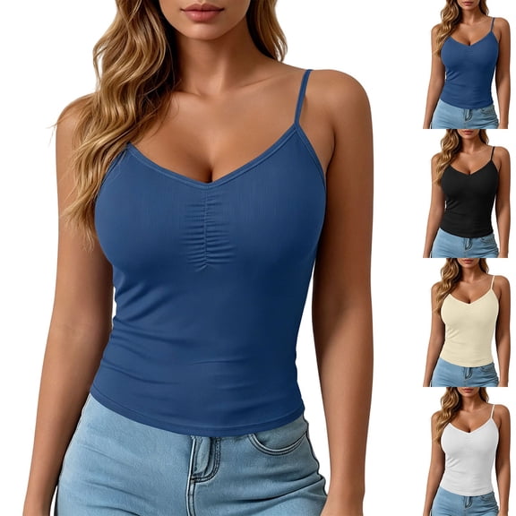 Womens Ribbed Solid Color Adjustable Camisole Sleeveless V Neck Spaghetti Strap Tank Tops Basic Shirt Built in Bra White