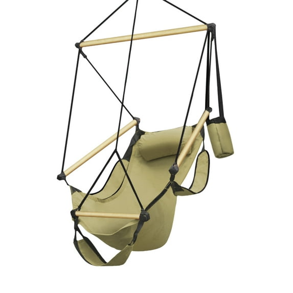 Hanging Hammock Air Chair Swing Lounger (Tan) Footrest Armrest Pillow Boho Canvas Hamic Chairs For Outside Outdoor Indoor Patio Porch Upgraded 350lbs, Solid Wooden Dowels, Portable Bag