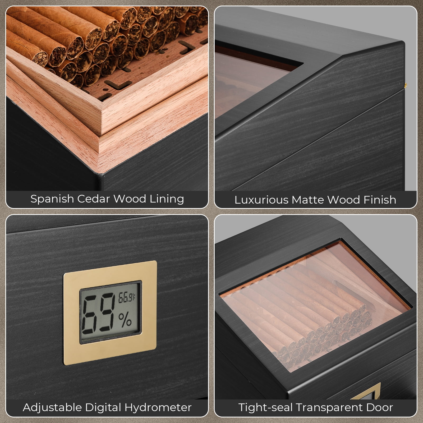 GLENCREAG FT-2042 Cigar Humidor Box for 55 to 85 Counts, See-Through Design with Spanish Cedar Lining & Divider, Digital Hygrometer, Accessory Drawer & Humidifier, Gift for Cigar Lovers (Ebony)