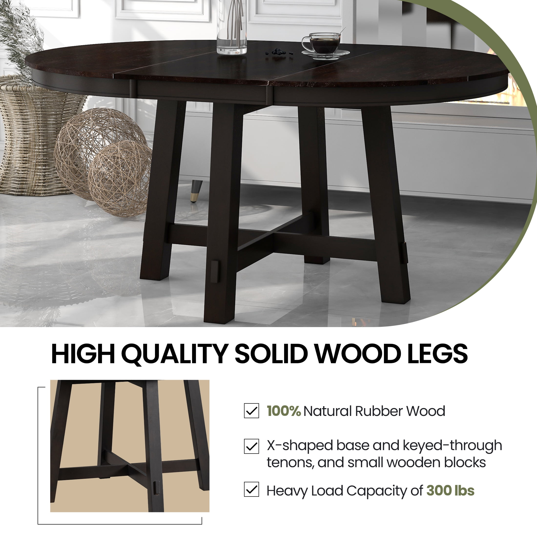 Aukfa Dining Table for 4-6, 42"-58" Extendable Round Kitchen Table with 16" Rustic Drop Leaf for Dining Room/Living Room, Espresso