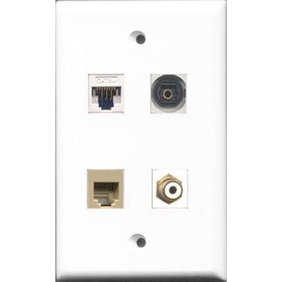 RiteAV 1 Port RCA White and 1 Port Phone RJ11 RJ12 Beige and 1 Port Toslink and 1 Port Cat5e Ethernet White Wall Plate