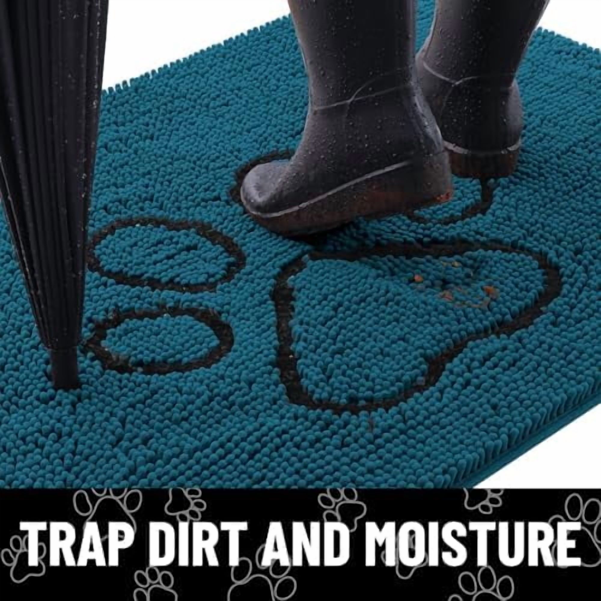 Dog Door Mat for Muddy Paws, Absorbent Dirt Trapper Non Slip Quick Dry Washable Chenille Mat for Mud Dogs, Entry Rug for Indoor and Outdoor (36x24 Inches, Atlantic Blue and Black)
