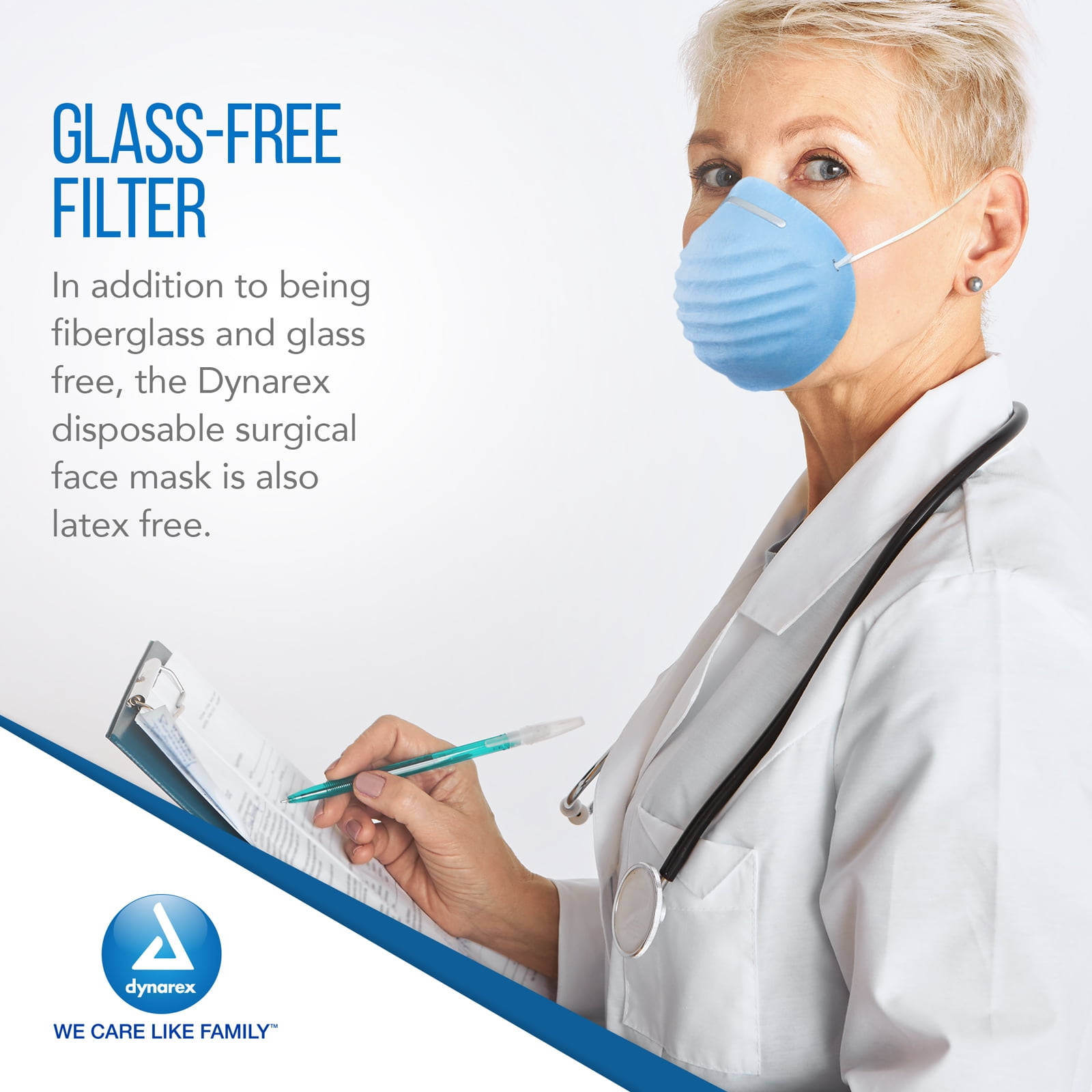 Dynarex Molded Face Mask, Fiberglass-free, Breathable, Soft Flared Edges, Fits Facial Contours, Covers Mouth and Nose, Adjustable, Blue, 1 Case of 1000 Face Masks