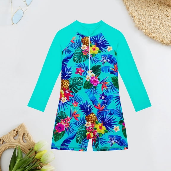 JIAYUE Girls Summer Swimsuits Set Floral Long Sleeve Drop Shoulder Collared Zipper One-Piece Shorts Sunproof For Toddler Breathable Pool Swimsuit