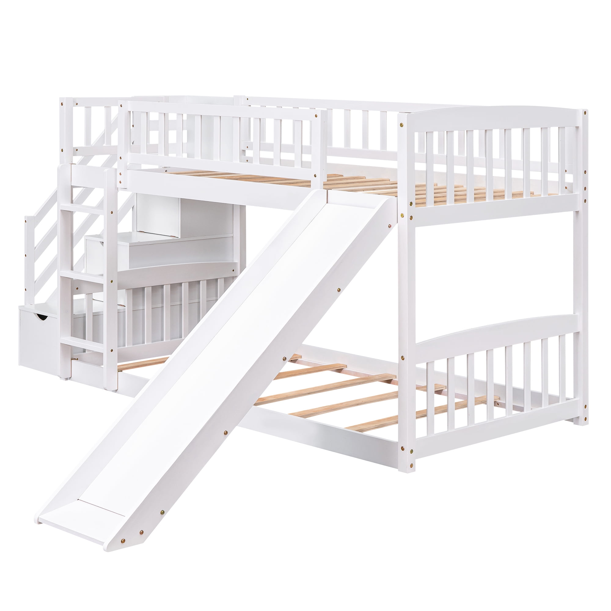 Mintazer Twin Over Twin Bunk Bed with Storage Staircase & Convertible Slide, Kids Bunk Bed Frame with Guardrails & Ladder, No Box Spring Needed, White