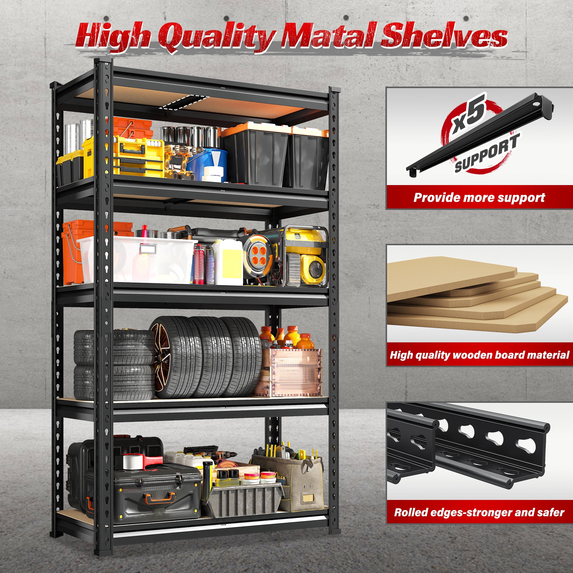 REIBII 5 Tier Garage Shelving Heavy Duty 2000LBS Storage Shelves Units,28"Lx12"Wx60"H