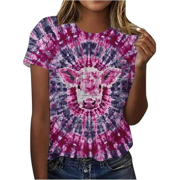 LUOGENLI T-shirts Women's Short Sleeve Tie Dye T Shirt Animal Motif Top with Cat Cow and Giraffe Pattern Casual Loose Fit Tunic Blouse for Teen Girls XXL
