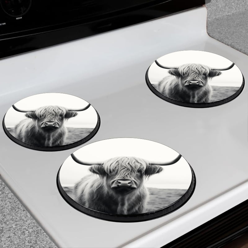 Bahomeck Gas Stove Burner Cover Set Of 4,Black And White Photograph Of Highland Cow Metal Electric Stove Burner Covers,Protecting Gas Stoves,Kitchen Decor，8 Inch And 10 Inch