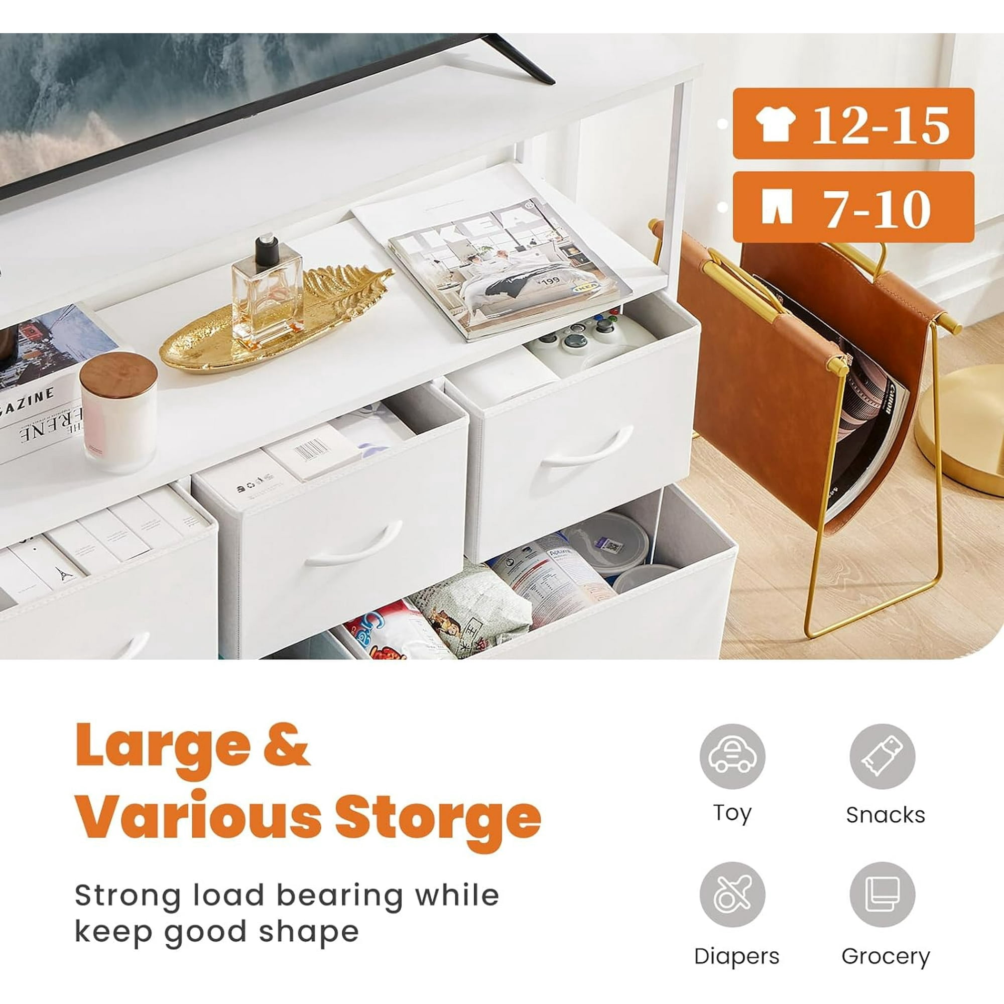 White Dresser, Modern Simple Cabinet with Storage Drawers, Media Gaming Stand for Living Room, Bedroom
