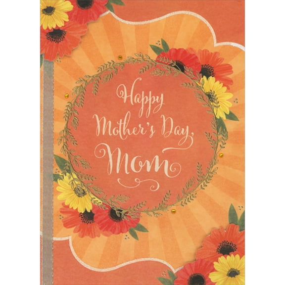 Designer Greetings Orange Circular Banner with Gold Vine Border, 3D Flowers and Ribbon on Orange Hand Decorated Mother's Day Card for Mom