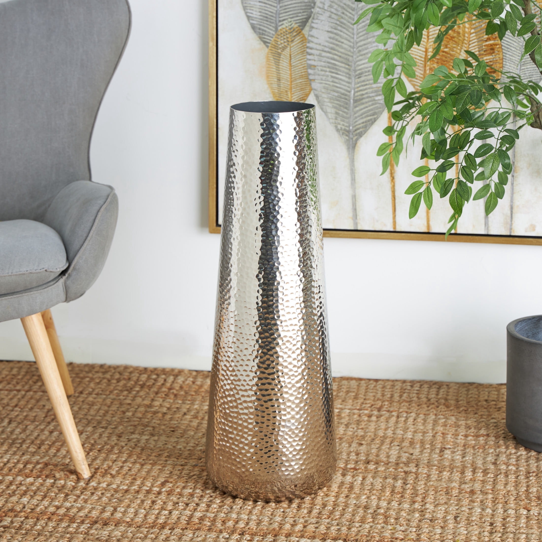 DecMode 31" Tall Hammered Silver Aluminum Metal Vase