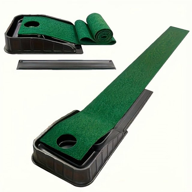 Estbridge Green PVC Golf Putting Mat with Velvet Carpet - Durable Non-Slip Surface for Indoor Practice 1 Hole Training Feature Anti-Jamming Return Mechanism Ideal for Home or Office M