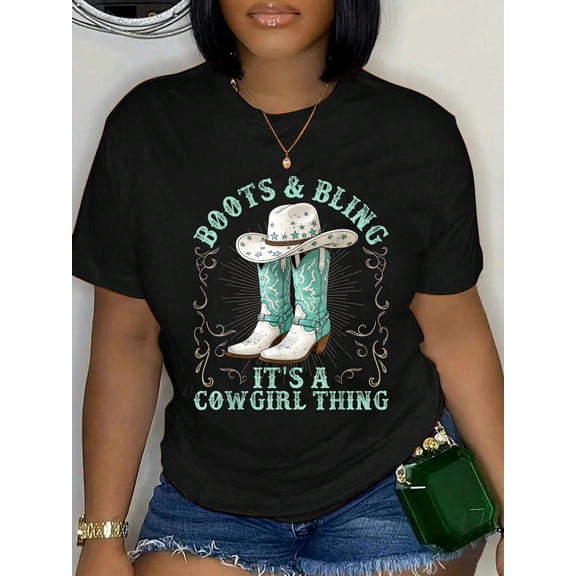 Boots and Bling It’s A Cowgirl Thing Western Rodeo Cowgirls T-Shirt Graphic Tee summer Tops For Women Round Neck Fashion Cotton shirts