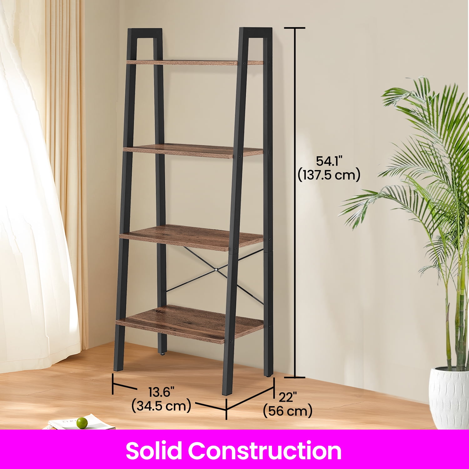 LEDREM 4-Tier Ladder Shelf Heavy Duty Storage Shelf with Steel Frame, Storage Rack Bookshelf for Home, Office, Hazelnut Brown and Ink Black