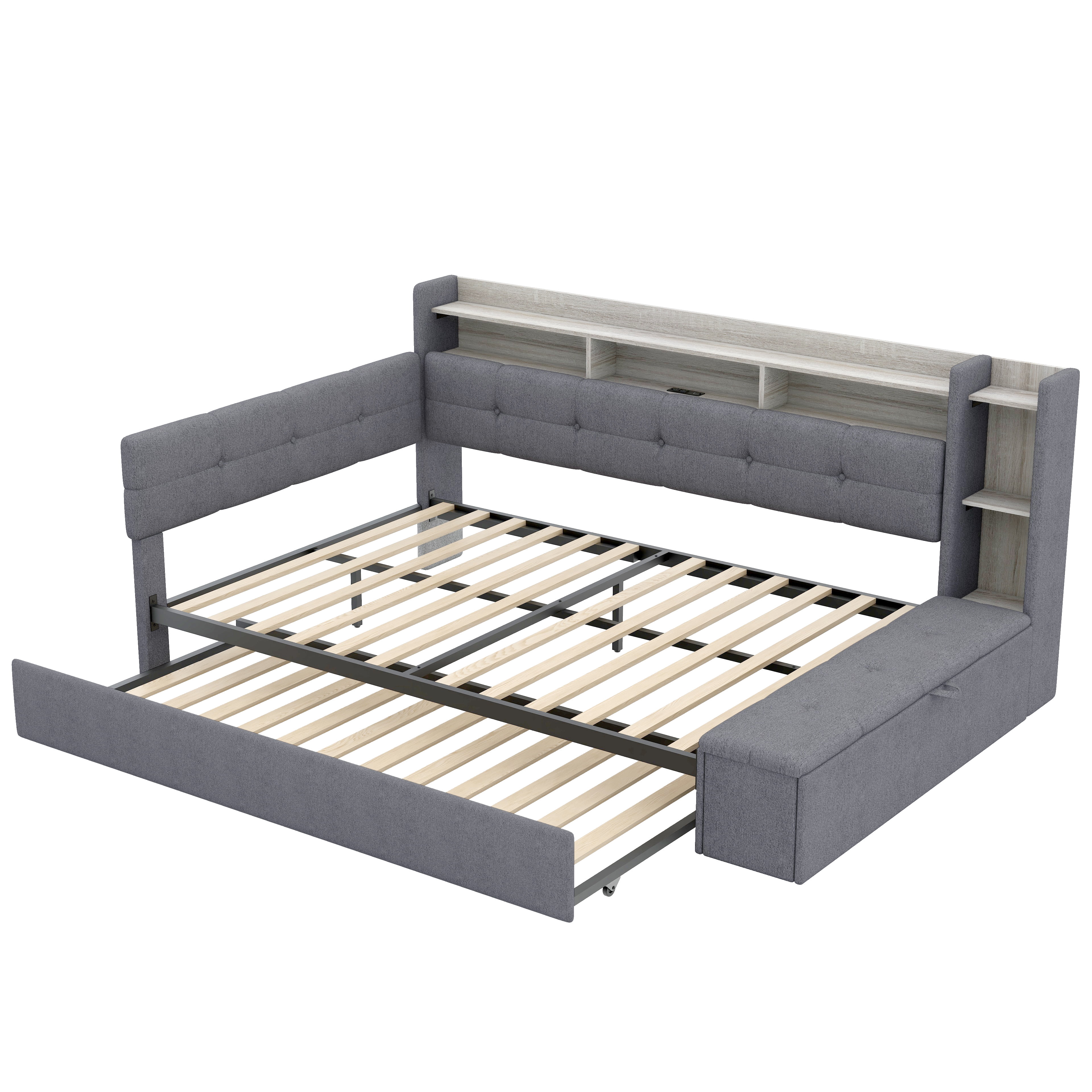 Euroco Upholstery Full Size Daybed with Trundle, Storage Sofa Bed with Footstool and Shelves, LED Light and USB Charging, Grey