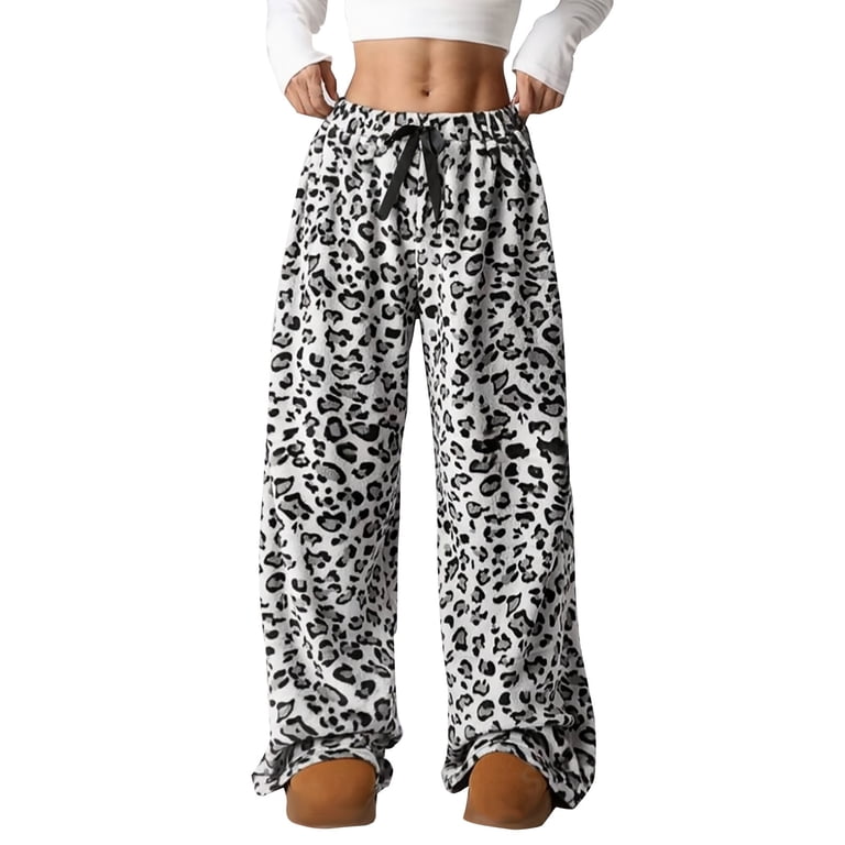 White Wide Leg Sweatpants Women Leopard Print Pants High Waisted