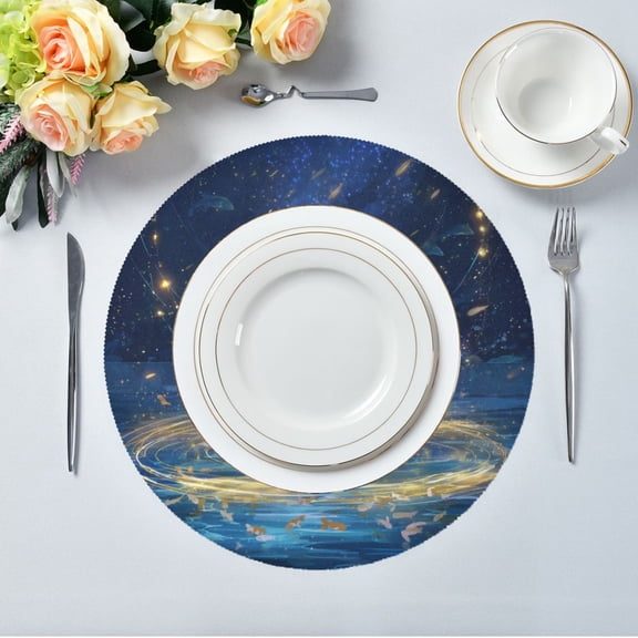 15.4" Round Placemat Set of 1 Polyester Fabric Place Mats Non-Slip Dining Kitchen Table Mats for Kitchen Party Decor Magical Night Sky with Fish
