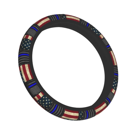 America Thin Blue Line Flag Elastic Stretch Steering Wheel Cover Universal Interior Trim Wheel Protector For Car Truck Suv 15 Inches