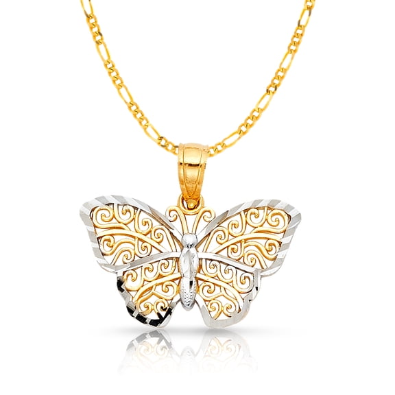 Ioka-14K Two Tone Gold Fancy Monarch Butterfly Charm Pendant with 2mm Figaro 3 1 Chain Necklace - 20"