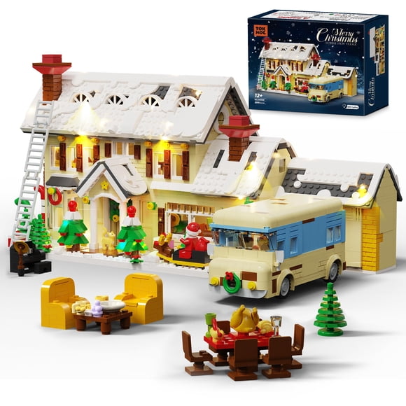 AKVOESS Christmas House Village Building Blocks Set with Light, Snow Cabin and Camper Holiday Scene Model Kit, Winter Vacation Building Toy Gift for