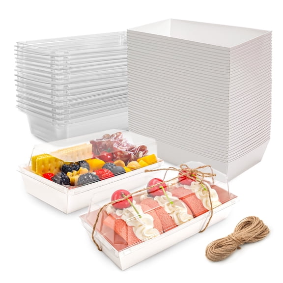 50 Pack White Charcuterie Boxes with Clear Lids, 7.48x3.35x2.5 Inch Disposable Food Containers for Mini Desserts Bakery Cookies Cake Slices Sushi Strawberries