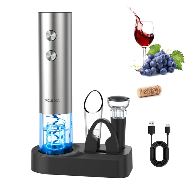 CIRCLE JOY 5-in-1 Electric Wine Opener Set, Stainless Steel Rechargeable Wine Corkscrew with Storage Base for Home Use/Gift, Foil Cutter, Wi