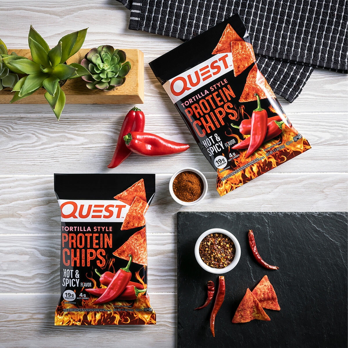Quest Tortilla Style Protein Chips, Hot & Spicy Flavor, Baked, 19g Protein, 1.1oz Bags, 4 Count