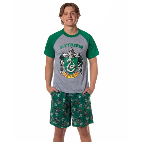 Harry Potter Hogwarts Castle Men's House Crest 2 Piece Raglan Pajama Short Set Gryffindor Slytherin Ravenclaw Hufflepuff