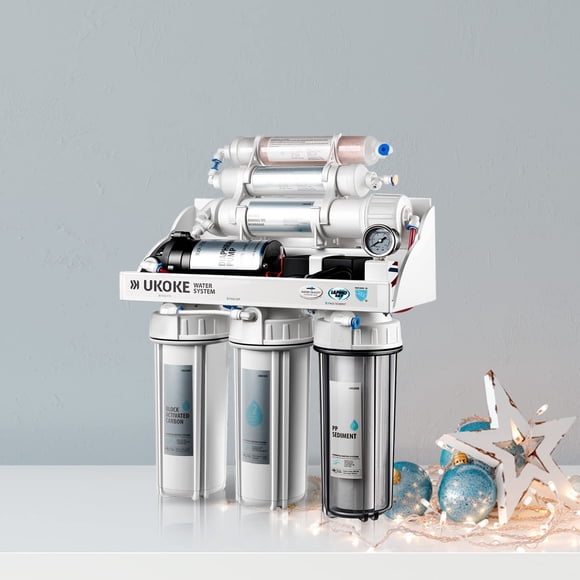 Ukoke RO75GP Système de Filtration d'Eau par Osmose Inverse à 6 Étapes, Filtre RO Alcalin Reminéralisant pH+ sous l'Évier et Assouplisseur, Certifié NSF, 75 Gallons par Jour, Blanc avec Pompe
