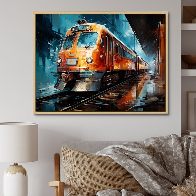 Designart Large Train framed wall Art, Train Dynamic composition , train framed wall art decor, Multi-Color Modern Natural framed wall art, 32x16 inches Natural brown color Frame