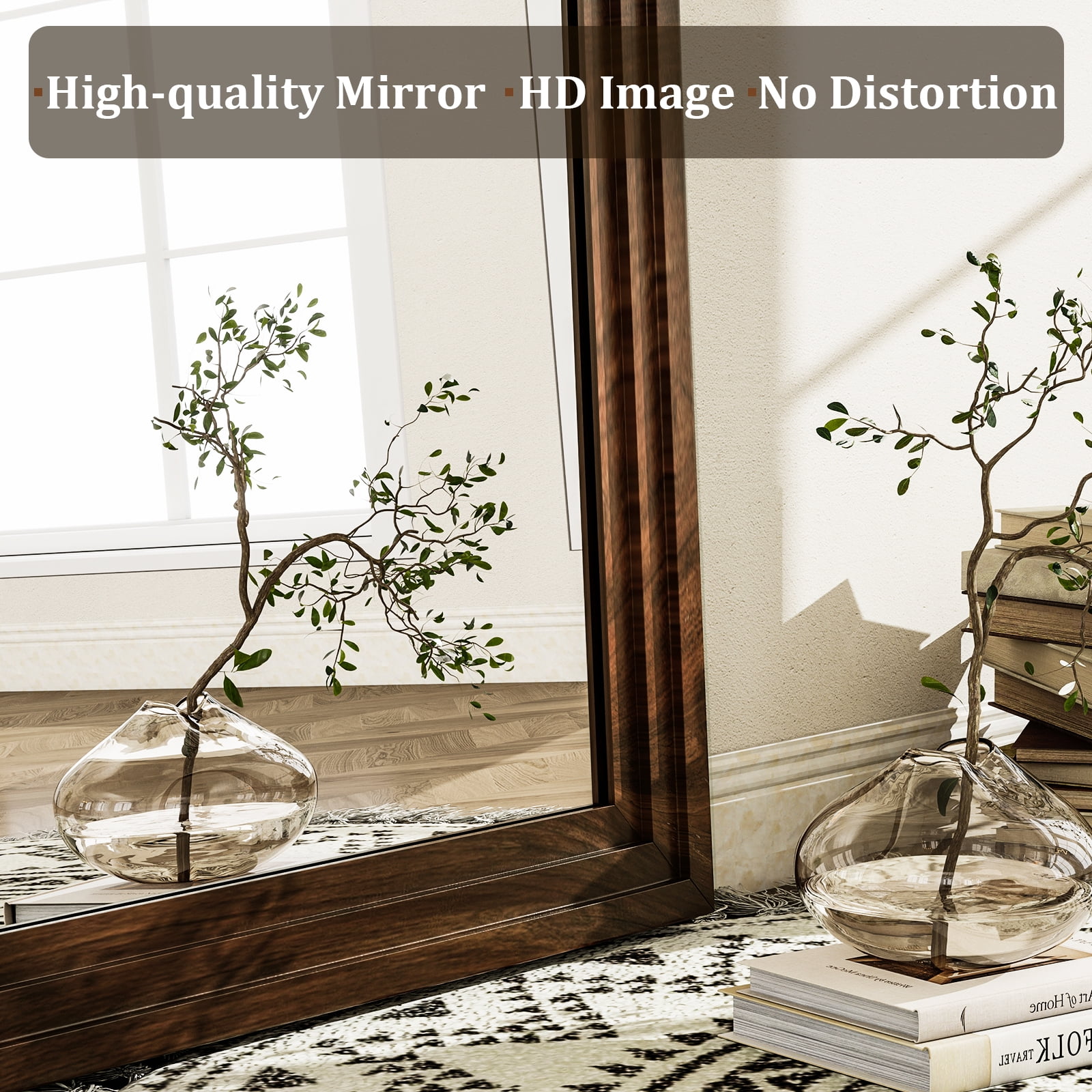 BEAUTYPEAK 24"x36"Arched Bathroom Mirror Wooden Framed Wall Mirror，Brown