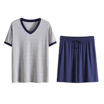 Jinda Men's 2 Piece Pajama Set Short Sleeve Pajamas Summer Lightweight Soft Family Modal Spandex V Neck Pjs Navy XX-Large