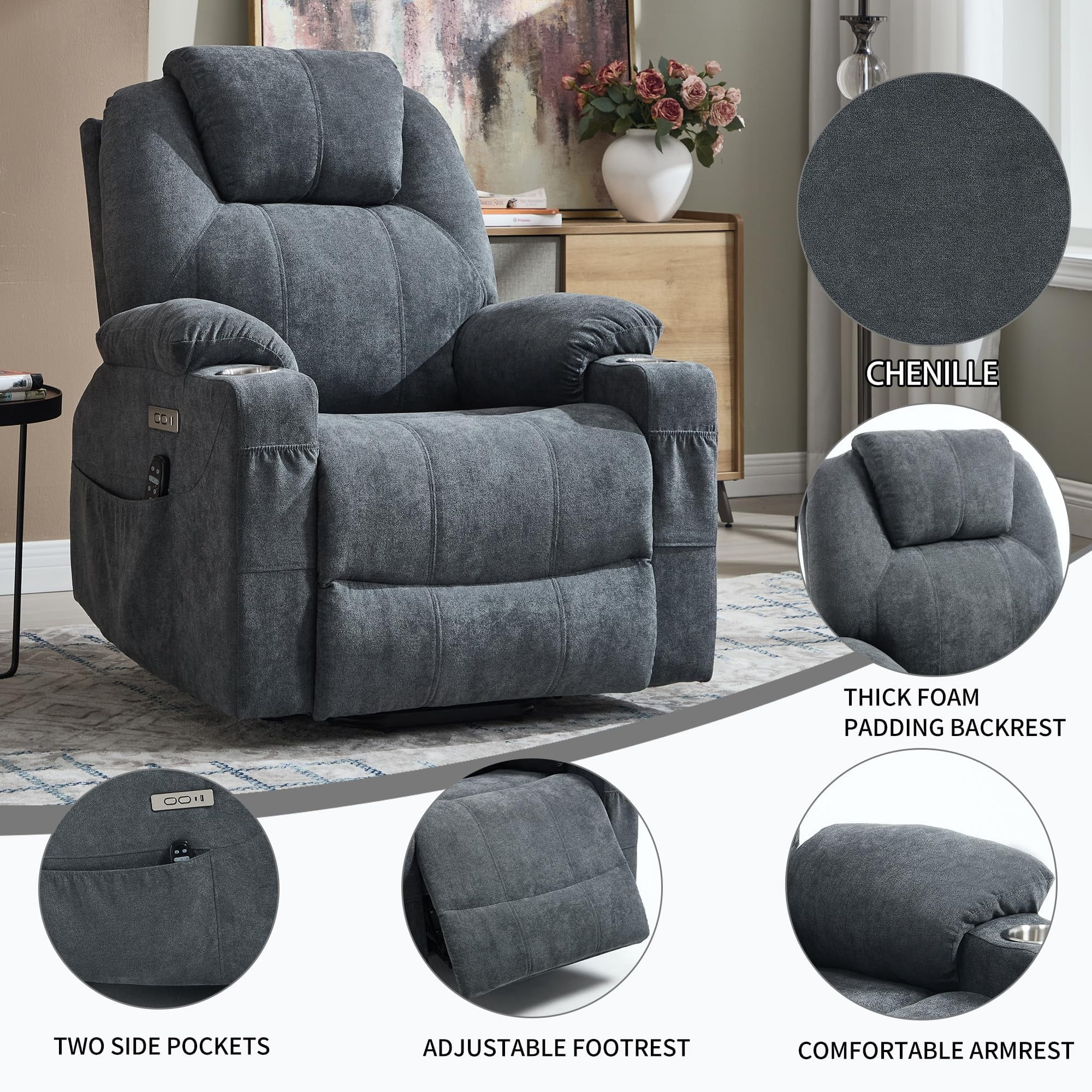 Power Lift Recliner Chair, Electric Lift Recliner for Elderly Reclining Chair with Vibration Massage and Lumbar Heating, Single Sofa with Charging Ports Cup Holders